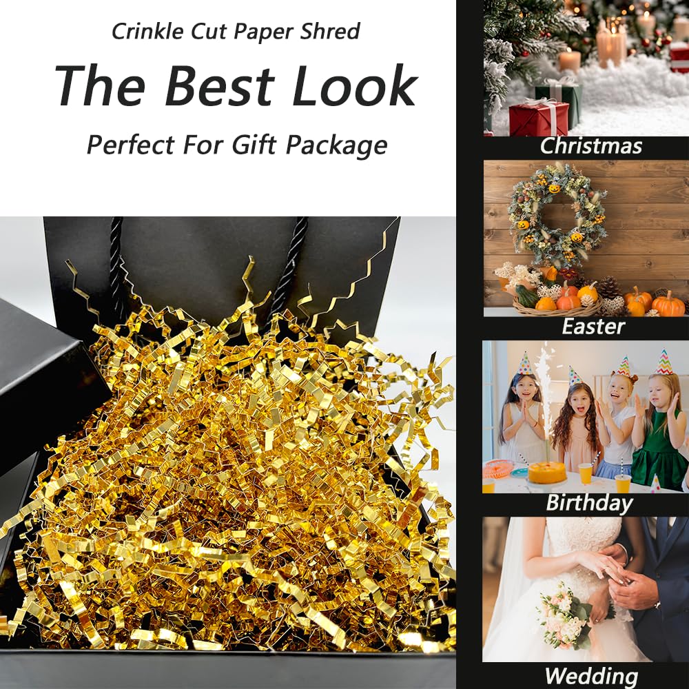 1 LB Gold Crinkle Cut Paper Shred Filler Packaging for Gift Wrap, Boxes Basket Filler,Wedding Birthday Christmas Easter Valentine’s Packing Wrapping Paper