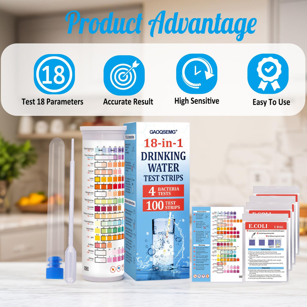 18 in 1 Water Testing Kit for Drinking Water,Well Home Tap Water Test Kit Drinking Water Test Strips for Hardness,Lead,Chlorine,Fluoride,Nitrate,pH,Iron,Copper,Cyanuric Acid,100 Strips