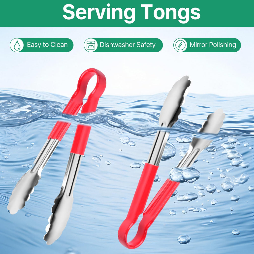 Worldity 10 Pack 9 in Kitchen Tongs, Heat Resistant Stainless Steel Serving Tongs with Non-Slip Handle, Red Serving Tong for Cooking, BBQ, Buffet, Dinner