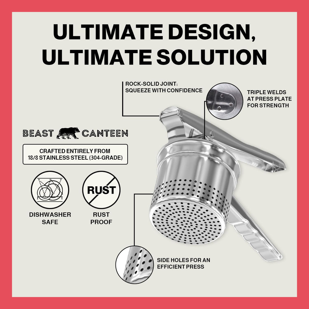Beast Canteen Potato Ricer - 18/8 Stainless Steel, Silver, Professional Kitchen Tool, Press, Large Masher