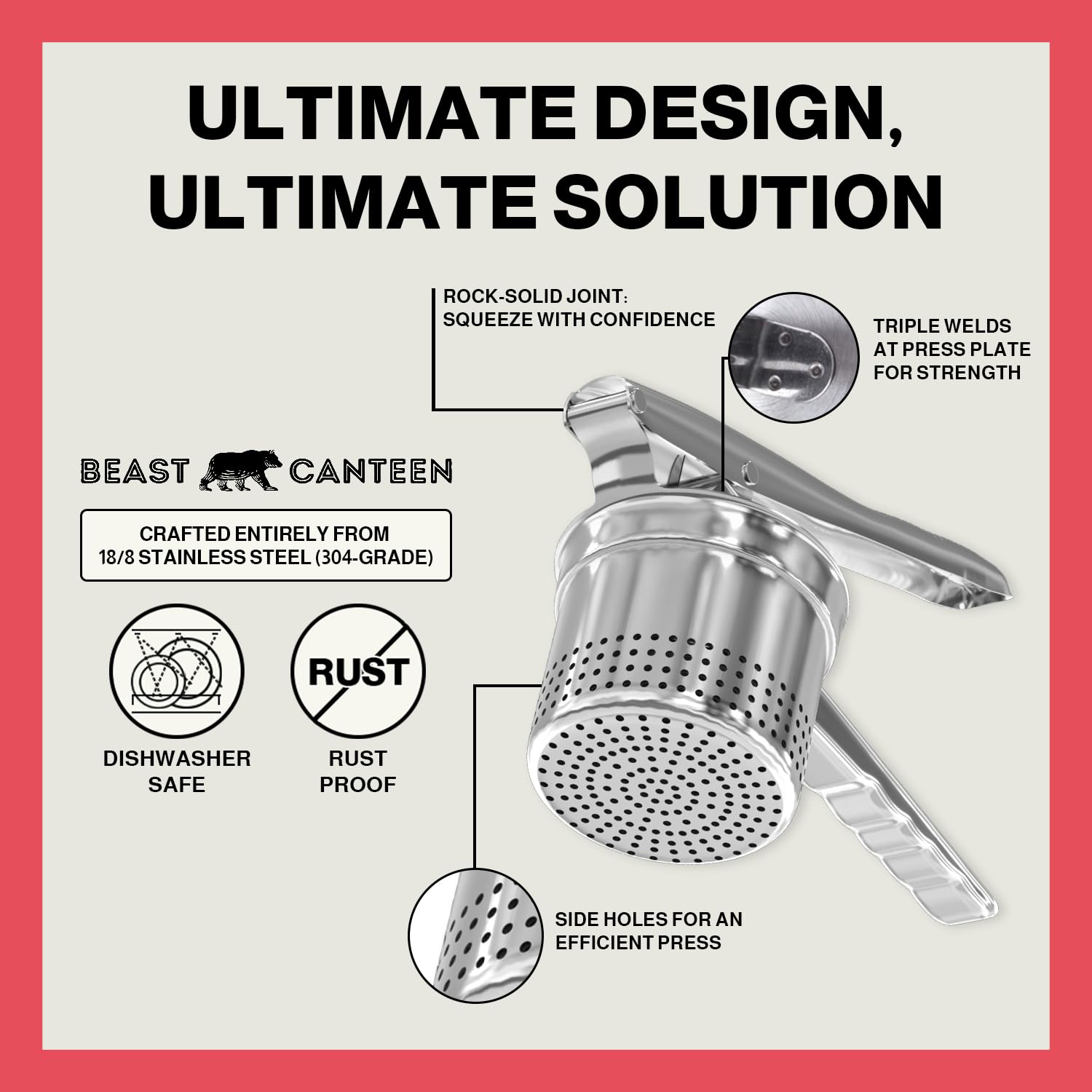 Beast Canteen Potato Ricer - 18/8 Stainless Steel, Silver, Professional Kitchen Tool, Press, Large Masher