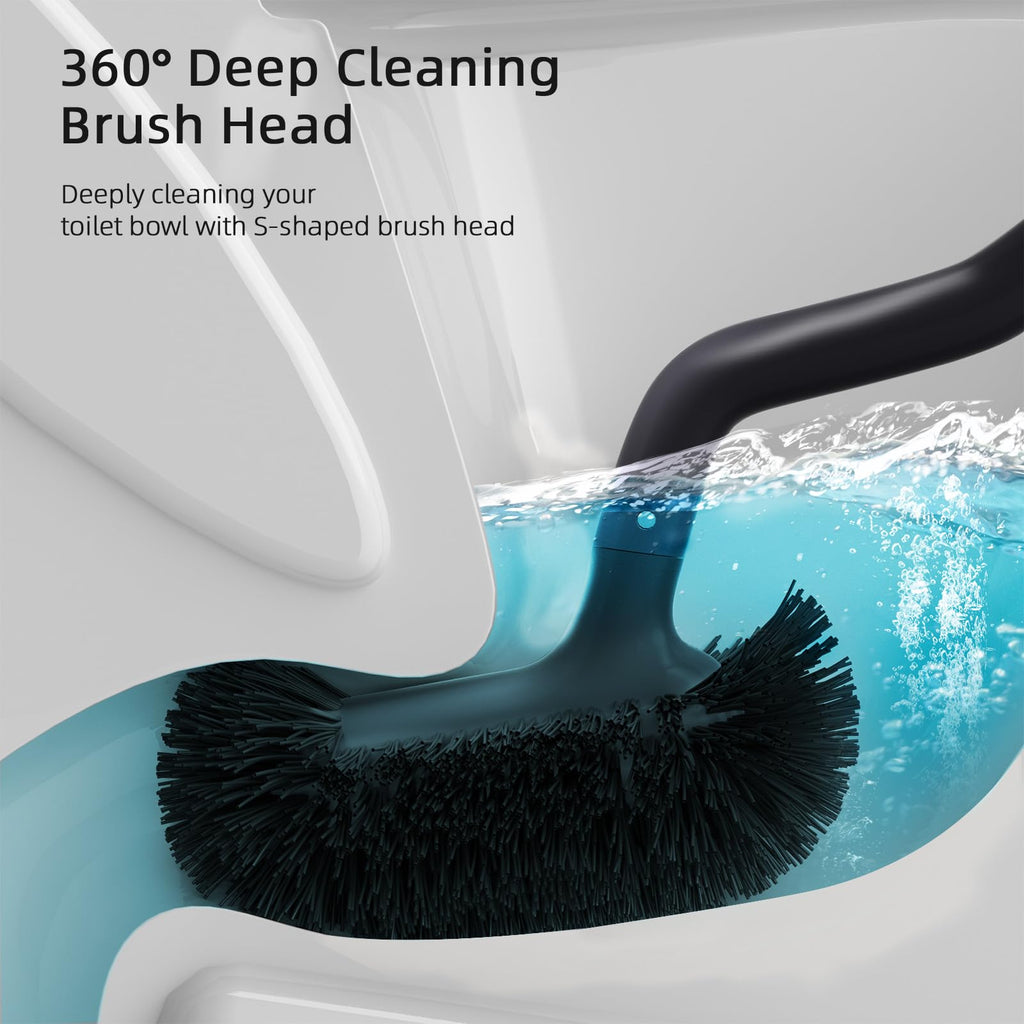 HAMITOR Toilet Brush and Holder Set: Curved Design Bathroom Toilet Bowl Cleaner Brush for Deep Cleaning Under Rim- Flexible Bristles Toilet Scrubber with Long Handle- Modern Travel RV Tools- Black