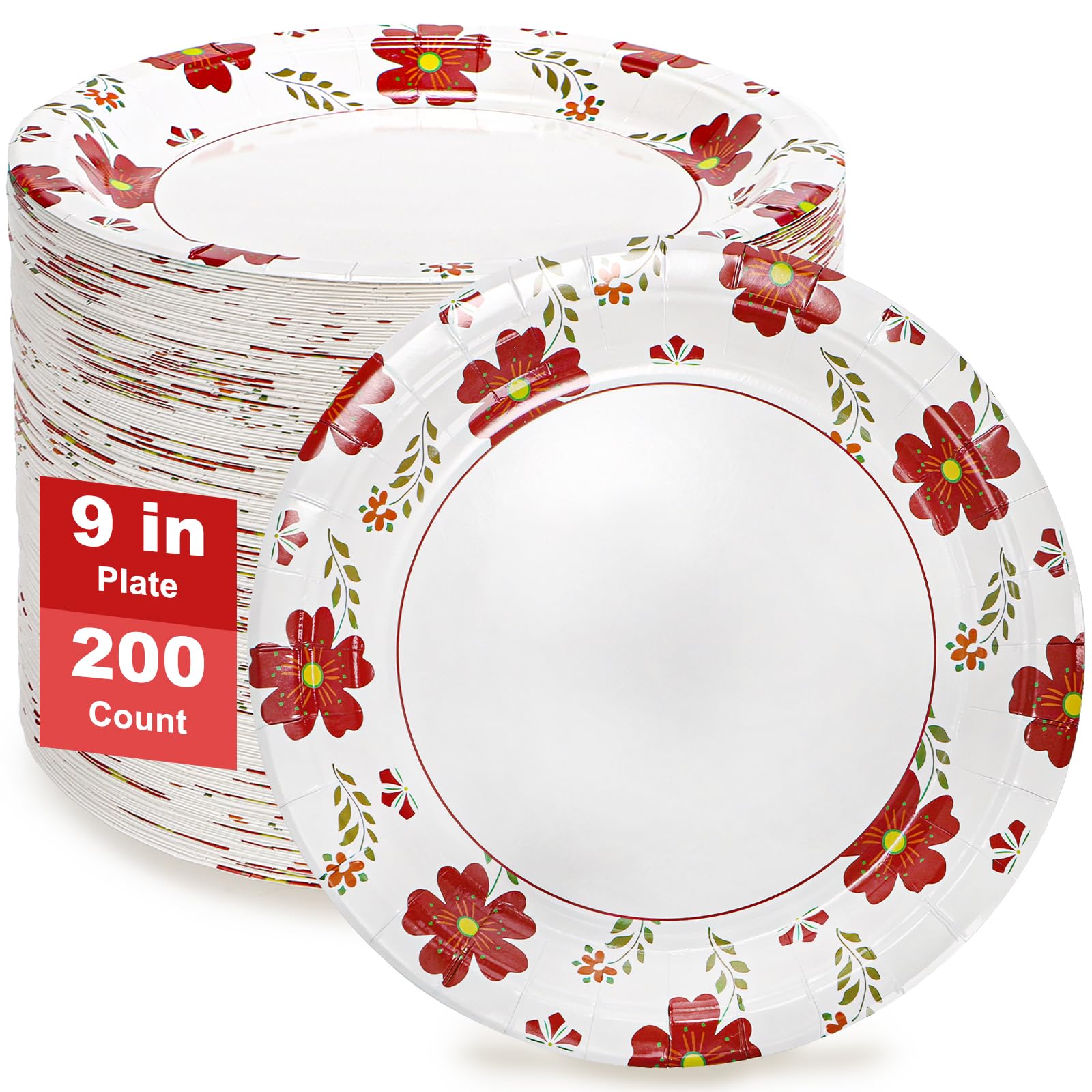 Hiceeden 9 Inch Disposable Paper Plates, 200 Count Heavy Duty Dinner Paper Plates, Holiday Plate with Red Flower Pattern for Daily Use, Soak Proof, Cut Proof, Microwavable