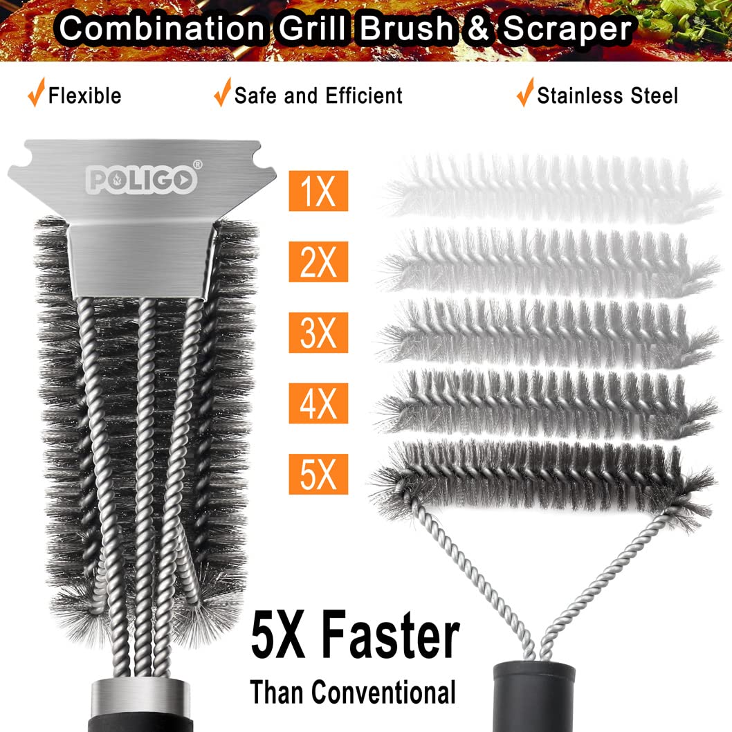POLIGO Grill Brush and Scraper with Deluxe Handle - Safe Wire Stainless Steel BBQ Brush for Gas Infrared Charcoal Porcelain Grills - Ideal Gift BBQ Cleaning Brush for Grill Wizard Grate Cleaner