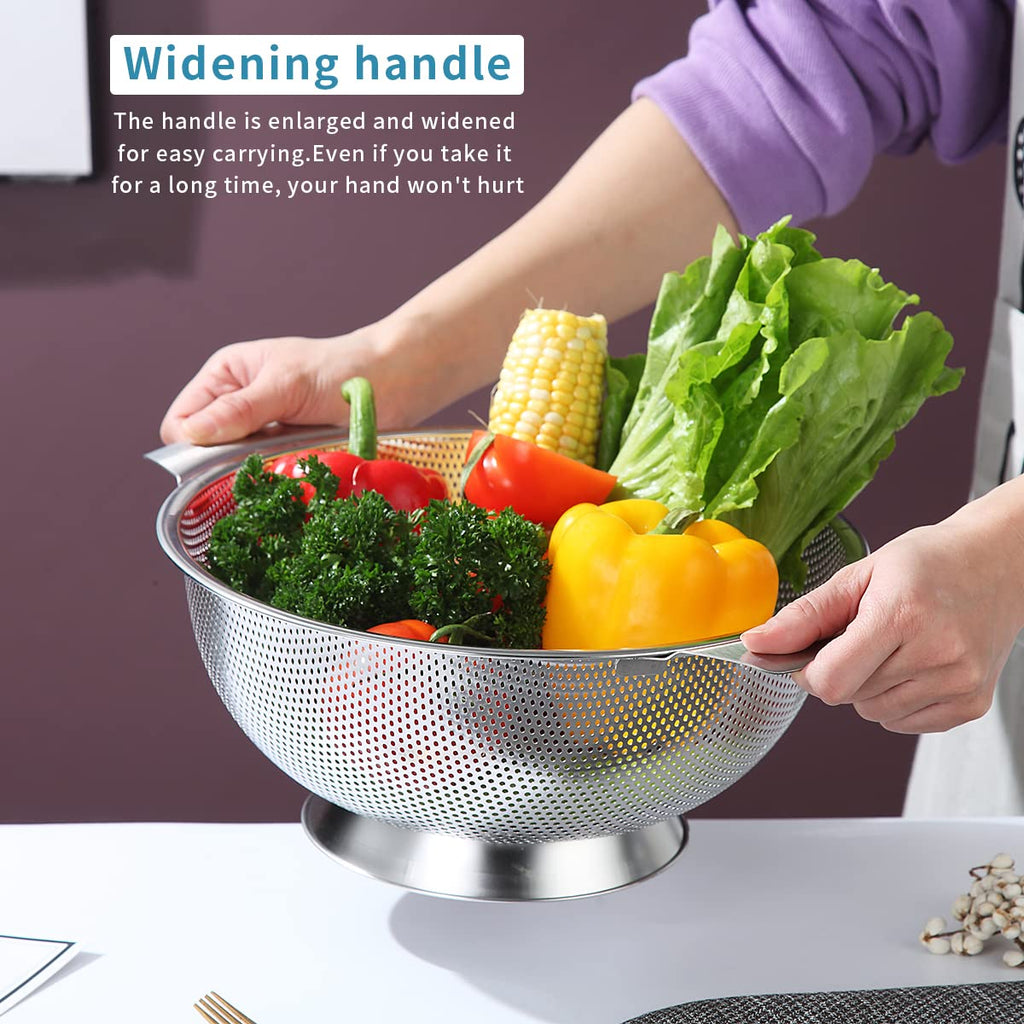 Kyraton Stainless Steel Colander 5 Quart, Professional Strainer with Heavy Duty Handles and Self Draining Solid Ring Base for Pasta, Spaghetti, Berry, Veggies, Fruits, Noodles, Salads Dishwasher Safe