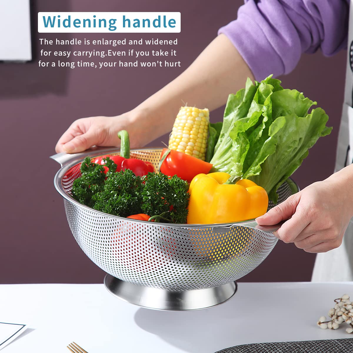 Kyraton Stainless Steel Colander 5 Quart, Professional Strainer with Heavy Duty Handles and Self Draining Solid Ring Base for Pasta, Spaghetti, Berry, Veggies, Fruits, Noodles, Salads Dishwasher Safe