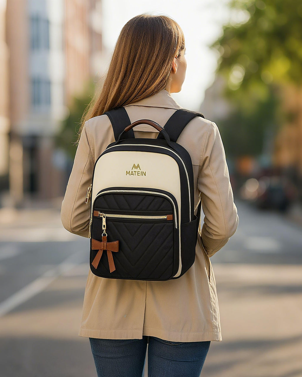 MATEIN Mini Backpack Purse for Women, Fashion Small Purse Backpack with USB Charging Port, Waterproof Casual Daily Cute Shoulder Bag Ladies Handbags for Travel Work College, 2pcs Sets, Black-Beige