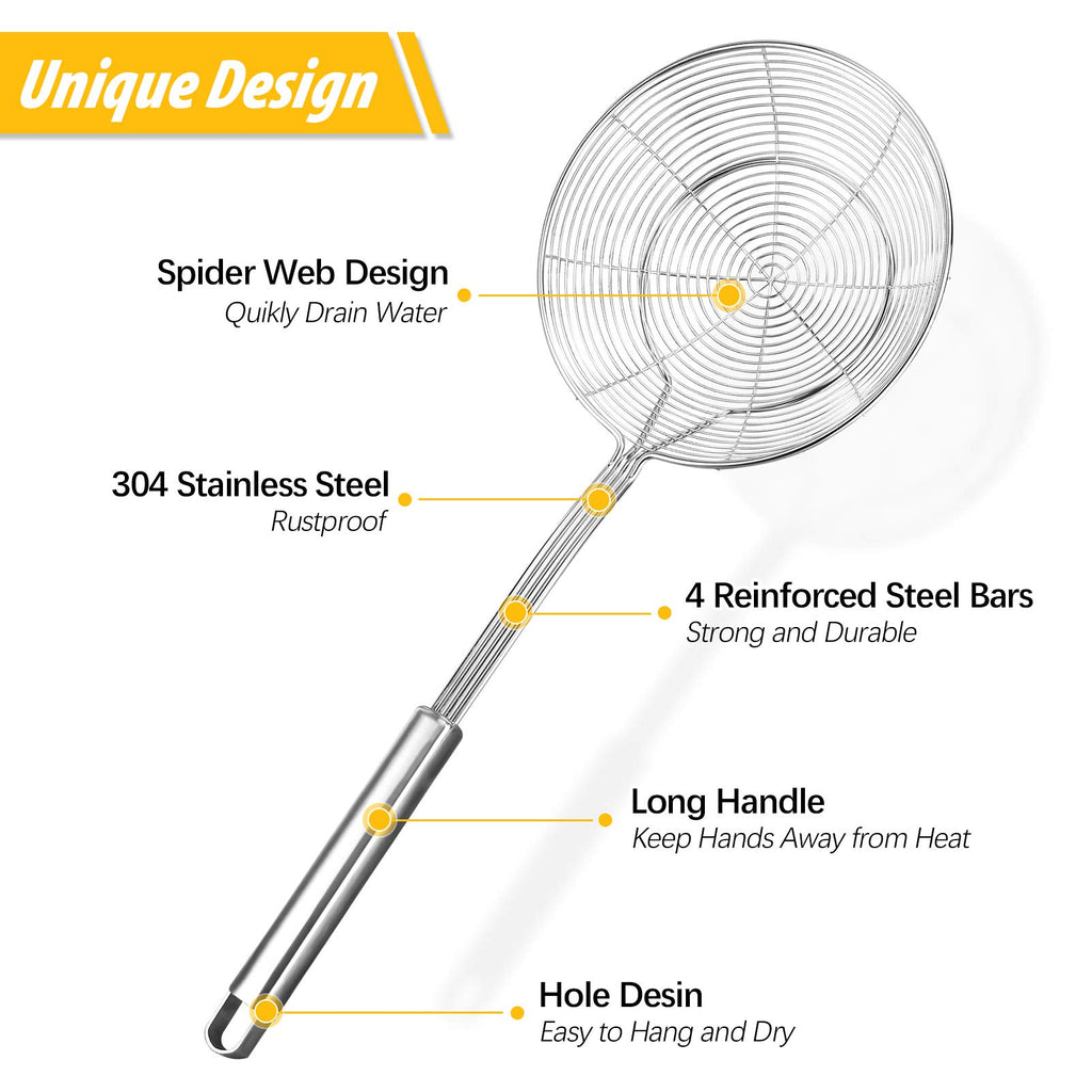 Pack of 2 Ladle Strainers,Stainless Steel Mesh Spoon, Wire Food Handled Basket for Cooking, Frying, Boiling Noodles, Dumplings, Pasta, Long Handle