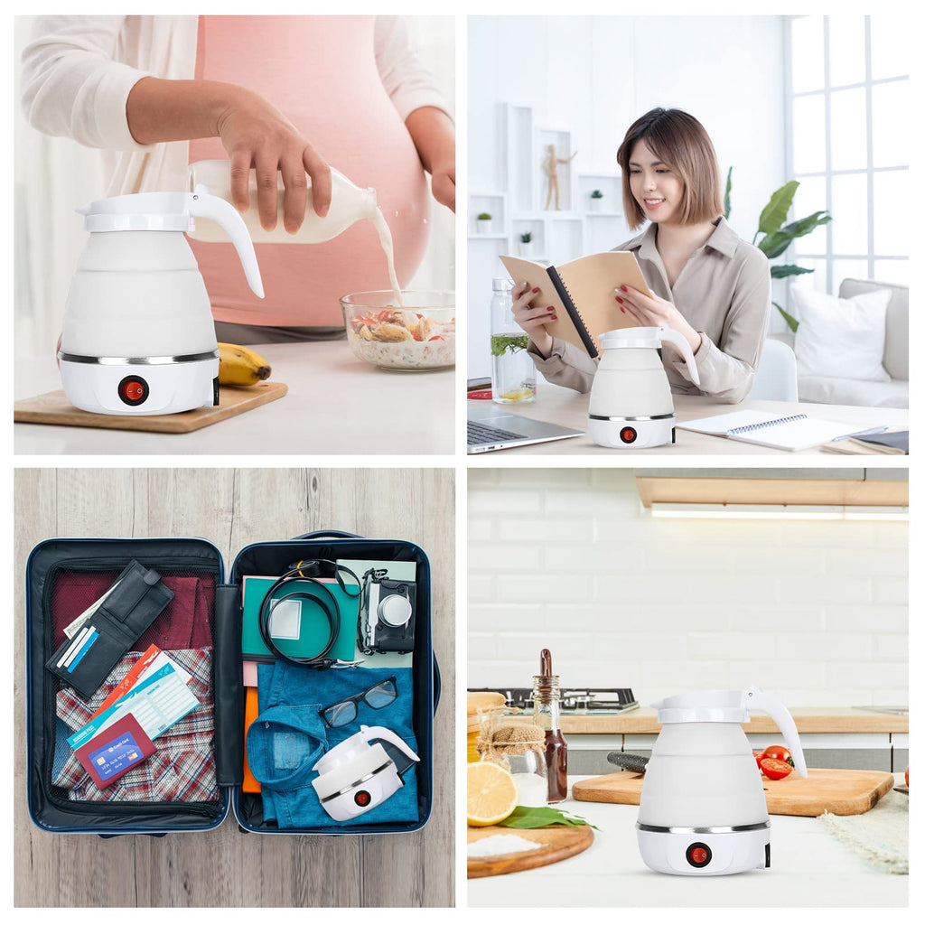 VICBINLY Electric Portable Kettle, Travel Kettle, Small Tea Kettle, Travel Foldable Kettles with Silicone Electric Insulation Heating Boiler Mini Tea Pot 600ml, White TKWT01