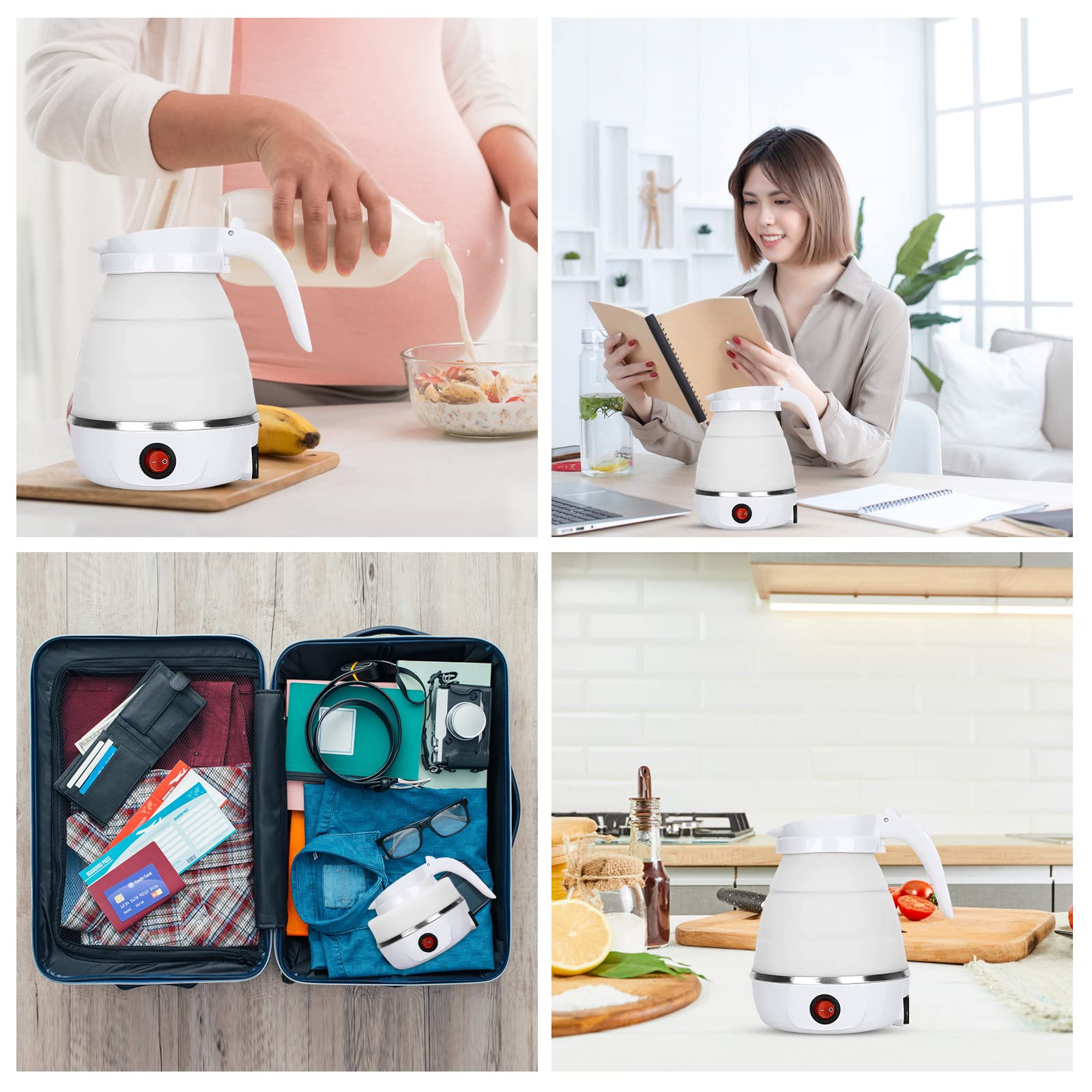 VICBINLY Electric Portable Kettle, Travel Kettle, Small Tea Kettle, Travel Foldable Kettles with Silicone Electric Insulation Heating Boiler Mini Tea Pot 600ml, White TKWT01