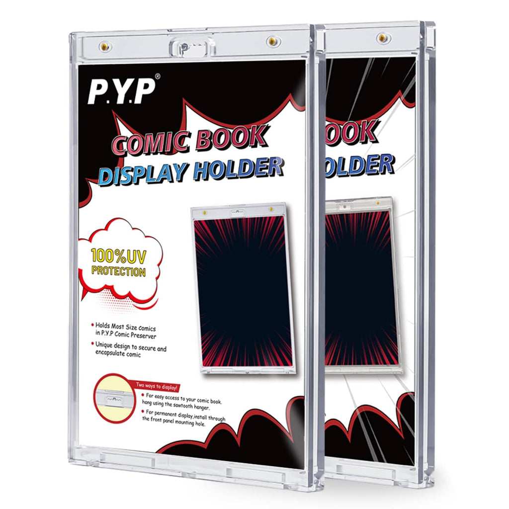 P.Y.P PROTECT YOU PLAY 2pcs Magnetic Comic Book Display Cabinets - Crystal Clear One Touch Strip Book Holder, UV Protection Comic Book Slab Protectors, Wall Mounted Frame, Fits Most