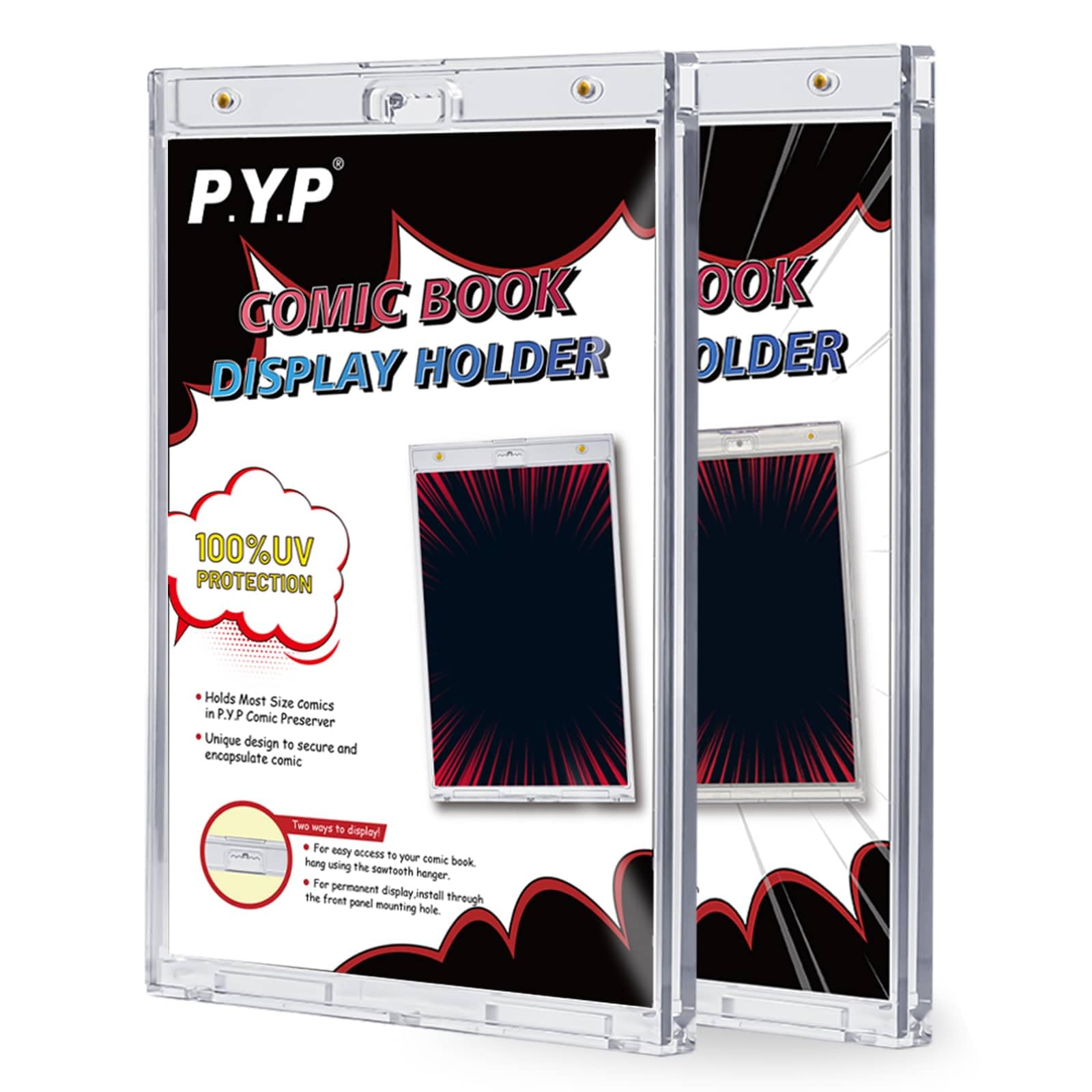 P.Y.P PROTECT YOU PLAY 2pcs Magnetic Comic Book Display Cabinets - Crystal Clear One Touch Strip Book Holder, UV Protection Comic Book Slab Protectors, Wall Mounted Frame, Fits Most