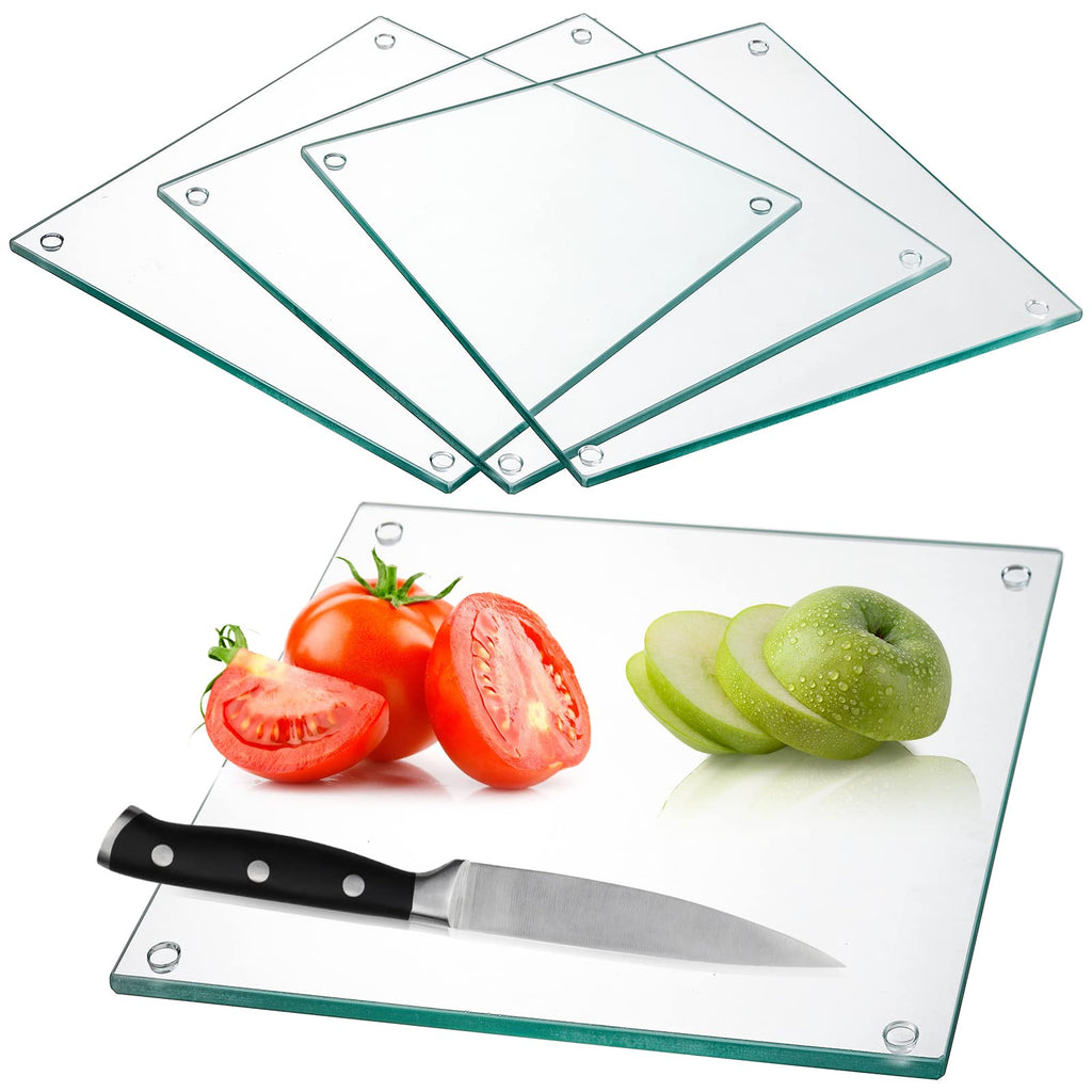 Hacaroa Set of 4 Tempered Glass Cutting Board, 10"x10" Small Square Chopping Board with Rubber Feet, Non-Slip Placemat Tray for Kitchen Countertop, Shatter-Resistant, Clear