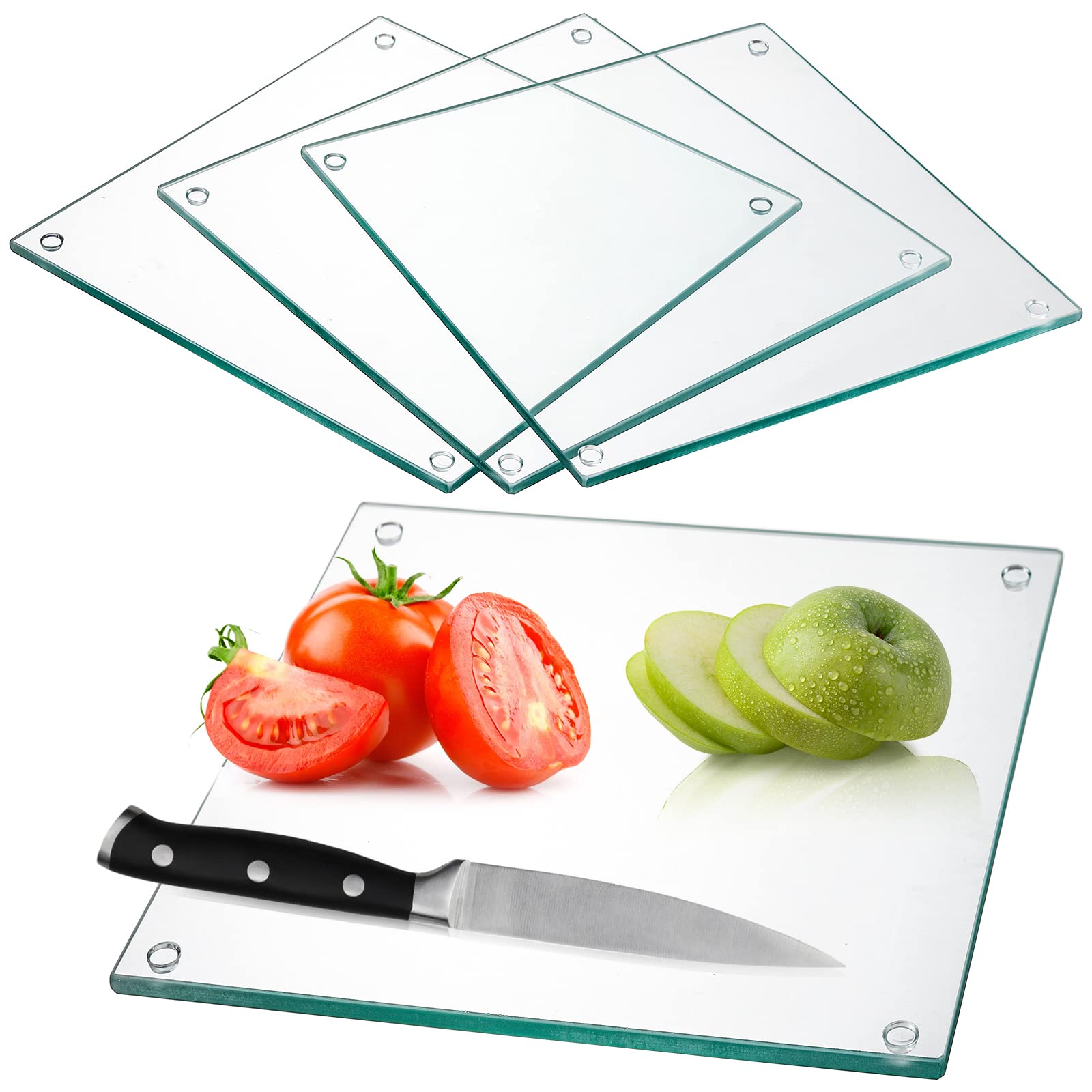 Hacaroa Set of 4 Tempered Glass Cutting Board, 10"x10" Small Square Chopping Board with Rubber Feet, Non-Slip Placemat Tray for Kitchen Countertop, Shatter-Resistant, Clear