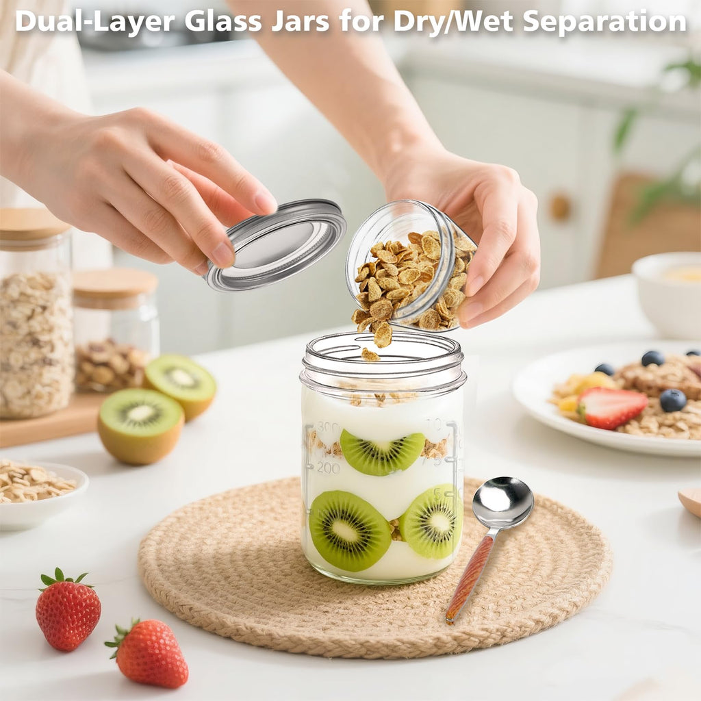 shopwithgreen Overnight Oats Jars with Lids（16oz+4oz 4 Pcs）Dual-Laryer Chia Pudding Jar with Dry and Wet Separation, Yogurt Parfait Contianer for Oatmeal Cereal Nut Fruit, Glass Meal Prep Jars