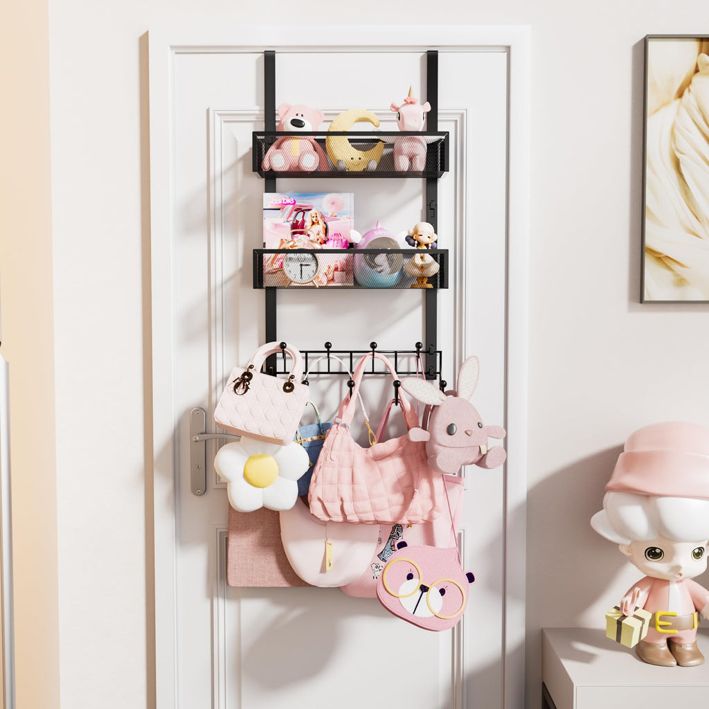 HapiRm Over The Door Organizer - Over The Door Hooks Hanger with 9 Coat Hooks +2 Mesh Baskets Storage Rack for Clothes Bag, No Drilling (for 1.76in Doors)