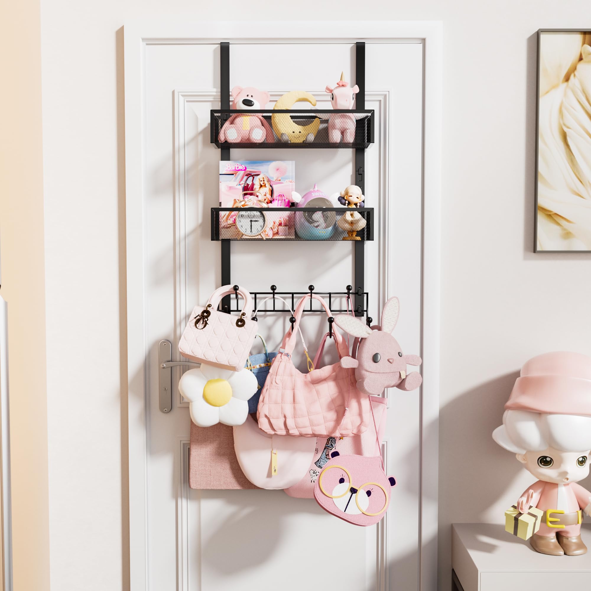 HapiRm Over The Door Organizer - Over The Door Hooks Hanger with 9 Coat Hooks +2 Mesh Baskets Storage Rack for Clothes Bag, No Drilling (for 1.76in Doors)