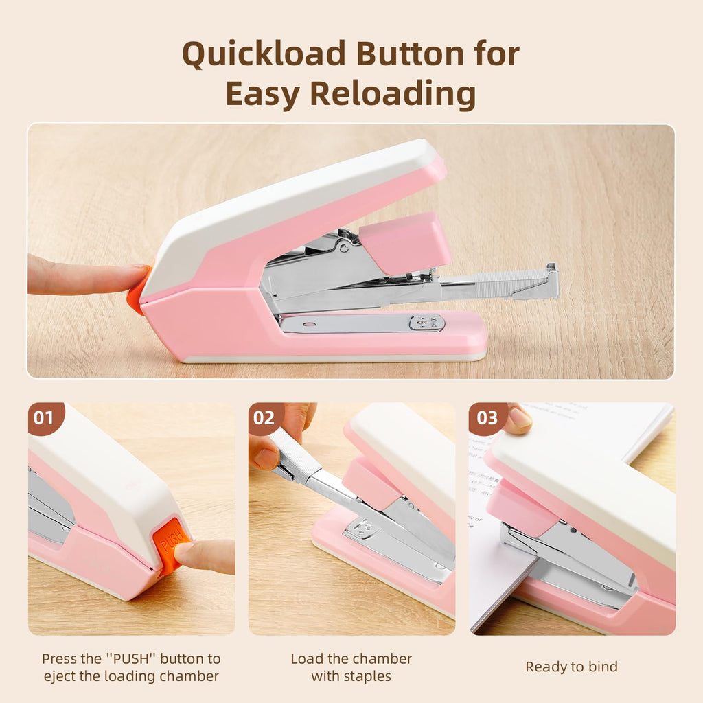 Deli Effortless Desktop Stapler, Heavy Duty Stapler, 40 Sheet Capacity, One Finger, No Effort, Includes Staples & Staple Remover, Pink
