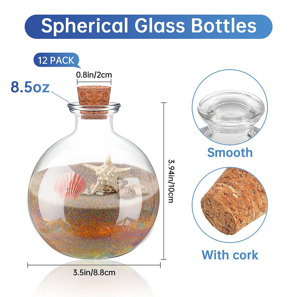 12 Pcs Spherical Glass Bottles, 8.5 oz Glass Potion Bottles with Cork Clear Potion Jars Decorative Bottle for Sand DIY Crafts Wedding Birthday Party Favor Gift