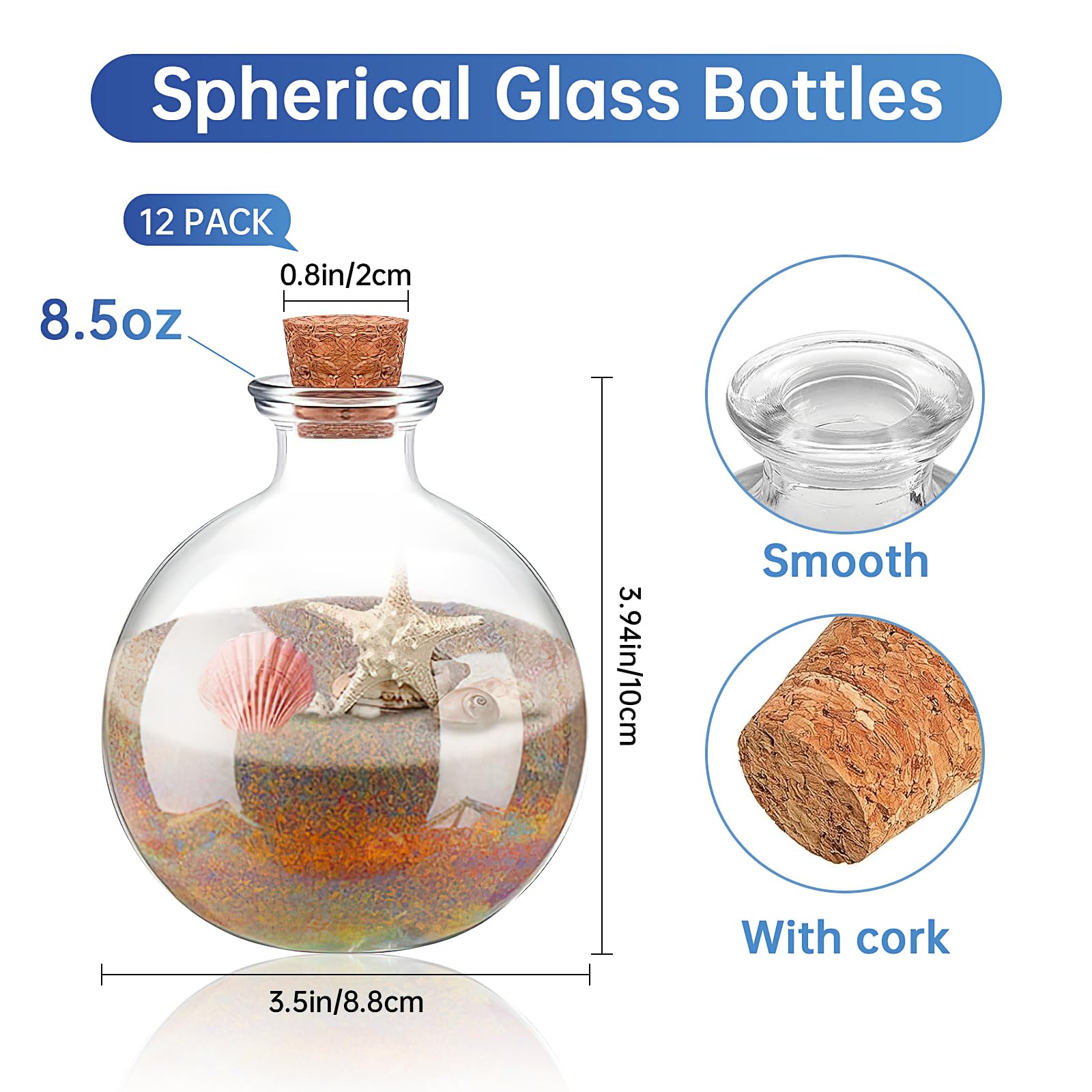 12 Pcs Spherical Glass Bottles, 8.5 oz Glass Potion Bottles with Cork Clear Potion Jars Decorative Bottle for Sand DIY Crafts Wedding Birthday Party Favor Gift