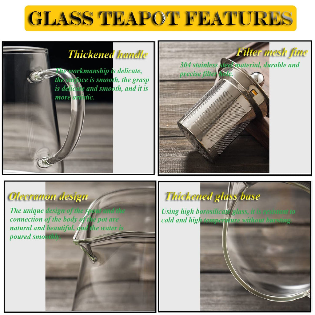 Glass Teapot with Removable Stainless Steel Infuser, Borosilicate Glass Tea Pot with Strainer,for Blooming Tea & Loose Leaf Tea, Microwave & Stovetop Safe (950ML/32oz)