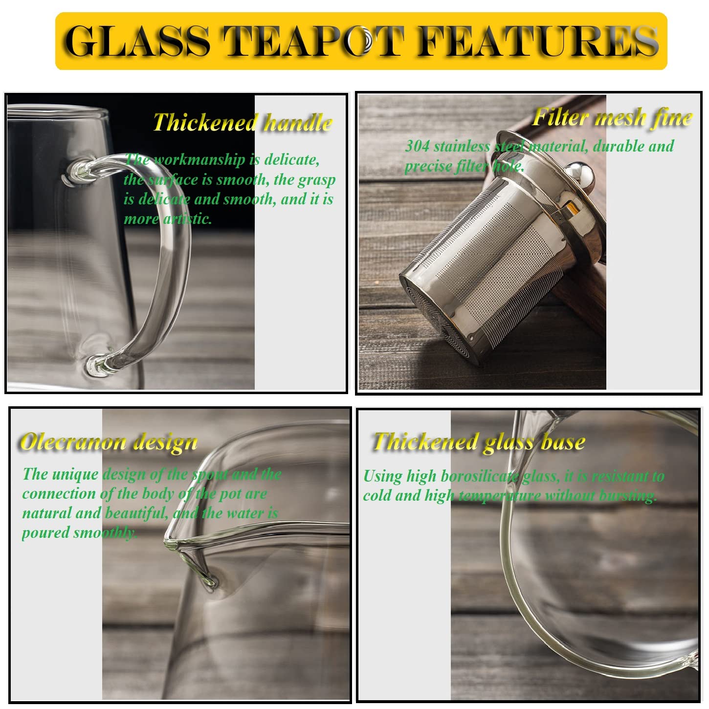 Glass Teapot with Removable Stainless Steel Infuser, Borosilicate Glass Tea Pot with Strainer,for Blooming Tea & Loose Leaf Tea, Microwave & Stovetop Safe (950ML/32oz)