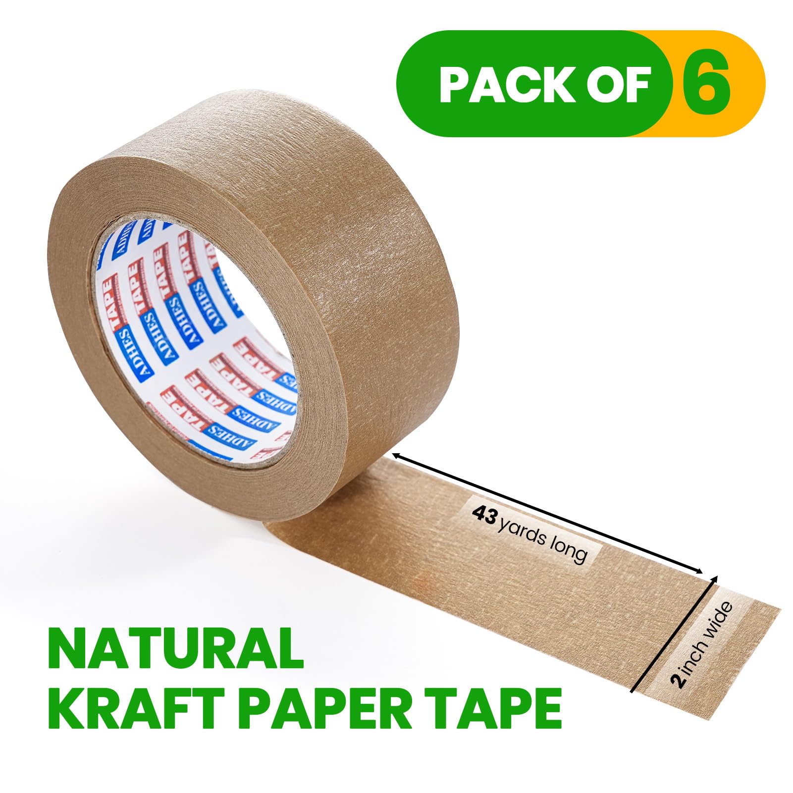 ADHES Heavy Duty Paper Packing Tape Kraft Paper Tape, Eco Friendly & Biodegradable, Writable & Uncoated Brown Packing Tape for Masking, Sealing, and Packaging Use, 2 Inch x 43 Yards, 6 Rolls