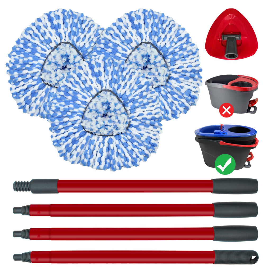 Spin Mop Replace Head, Mop Handle and Base Compatible with Vileda RinseClean 2-Tank System, 3 Mop Replacement Head, 4-Section Sturdy Iron 30-58in Mop Handle and 1 Triangle Mop Head Cover Combo Set