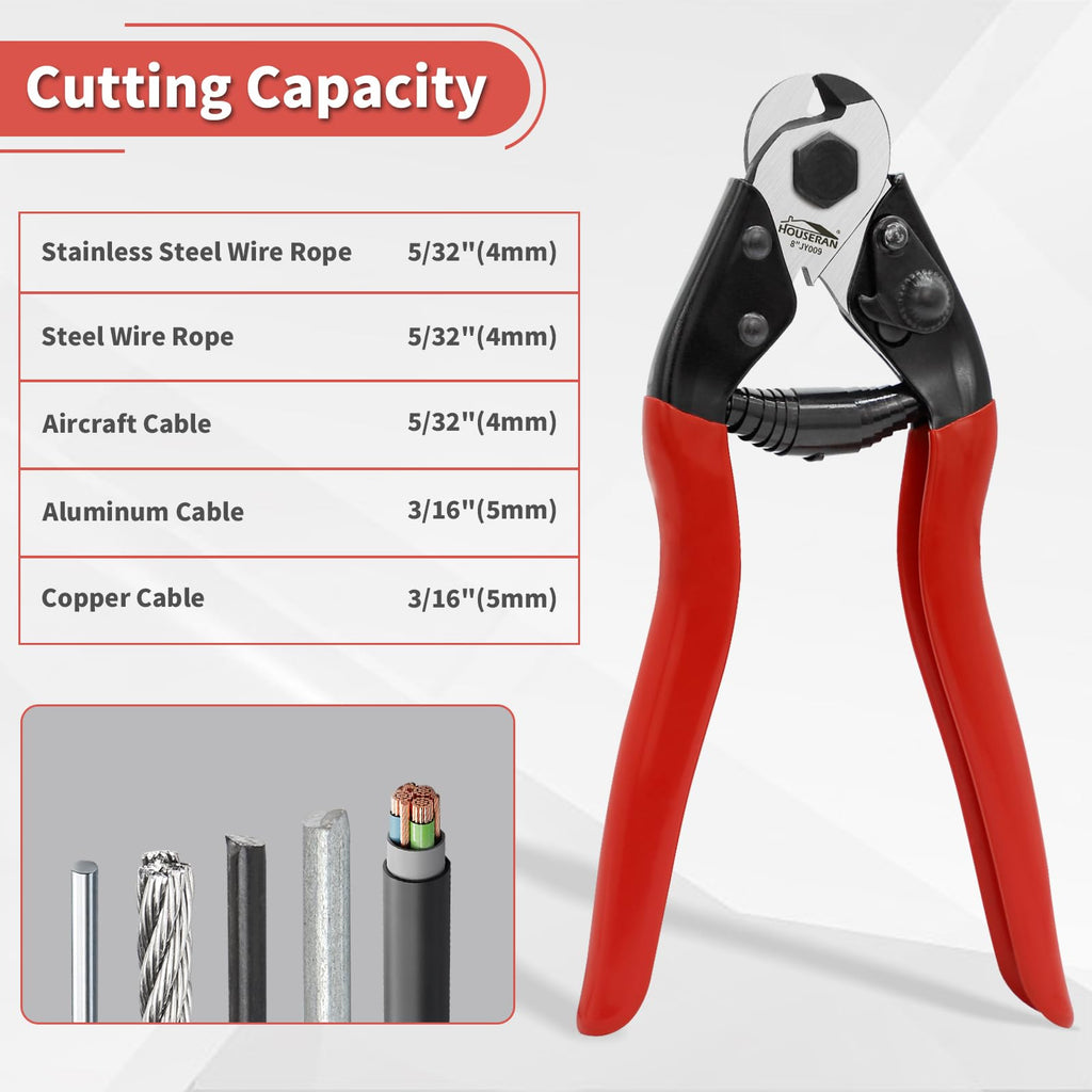 HOUSERAN 8 Inch Wire Rope Cutter, Stainless Steel Cable Cutter, Heavy Duty Wire Cutters Cutting Up to 3/16" for Fence, Wire Seals, Aircraft Cables, Decking, Railing, Bike Bicycle Brake Cable, DIY