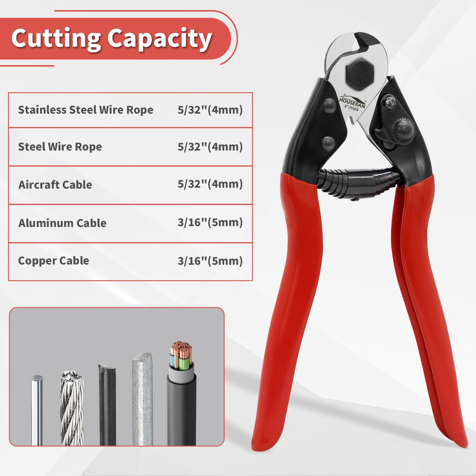 HOUSERAN 8 Inch Wire Rope Cutter, Stainless Steel Cable Cutter, Heavy Duty Wire Cutters Cutting Up to 3/16" for Fence, Wire Seals, Aircraft Cables, Decking, Railing, Bike Bicycle Brake Cable, DIY