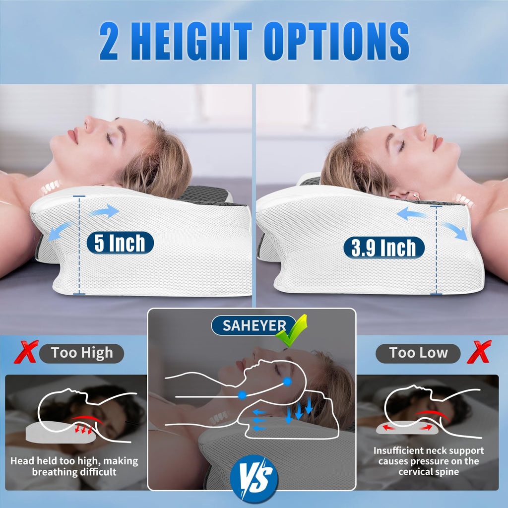 SAHEYER Cervical Pillow for Neck Pain Relief, 2 in 1 Ergonomic Memory Foam Neck Pillow, 2 Heights Adjustable Orthopedic Support Pillow for Side, Back and Stomach Sleepers, 23.6x14x3.9/5.1 inch, Gray