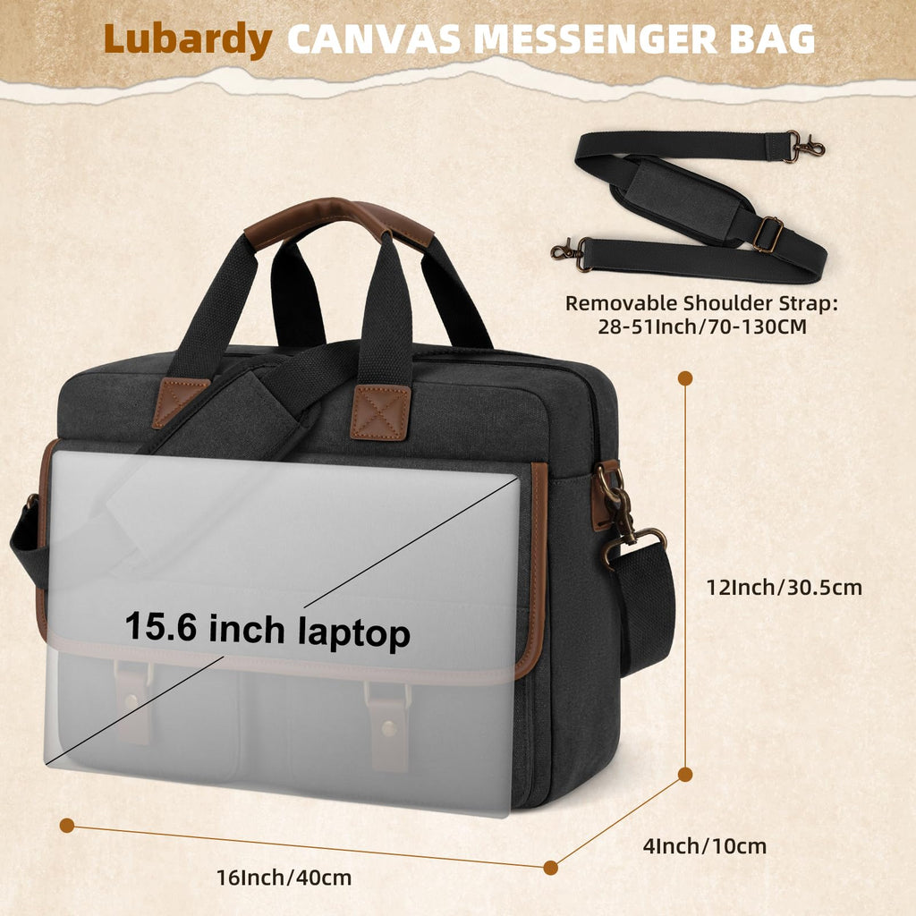 Lubardy Messenger Bag for Men, 15.6 Inch Laptop Bag Computer Office Laptop Bag for Men, Waterproof Work Bags Canvas Messenger Laptop Briefcase Satchel for Business College Travel, Black