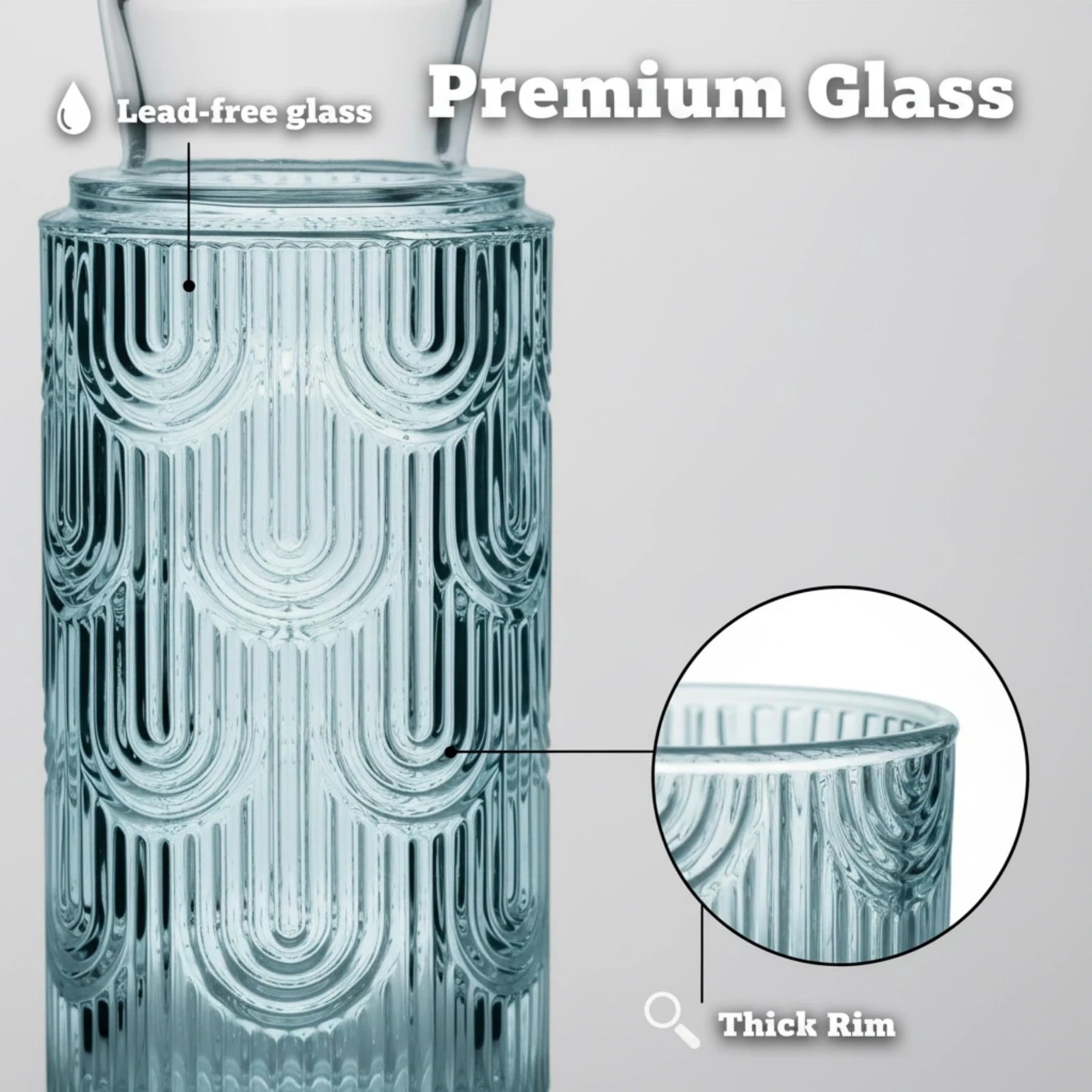 Bedside Water Carafe and Glass Set, Mouthwash Water Dispenser for Bathroom, 21.6 OZ Glass Pitcher Bottles with 6 OZ Lid for Bedroom and Dining (Light Blue)