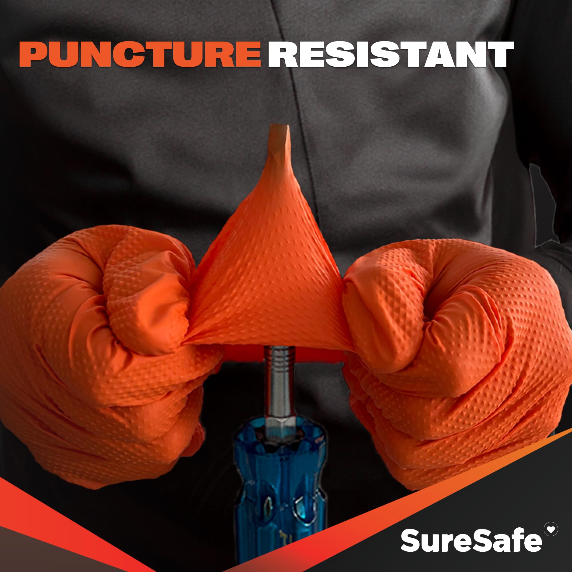 [100 Pack] SURESAFE 8 Mil Nitrile Gloves XL, Orange Food Safe Gloves Disposable, Heavy Duty Powder & Latex Free, Diamond Grip, Fully Textured & Ribbed, For Work, Mechanics, Plumbing, Food Prep