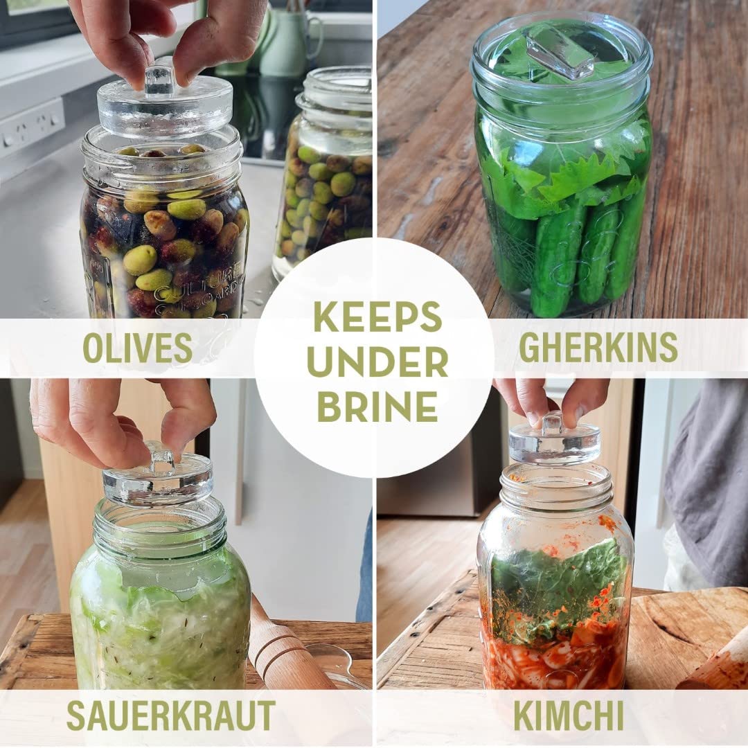 Glass Fermentation Weights for Fermenting with Easy Lift Handles - Boxed Set of 4 Clear