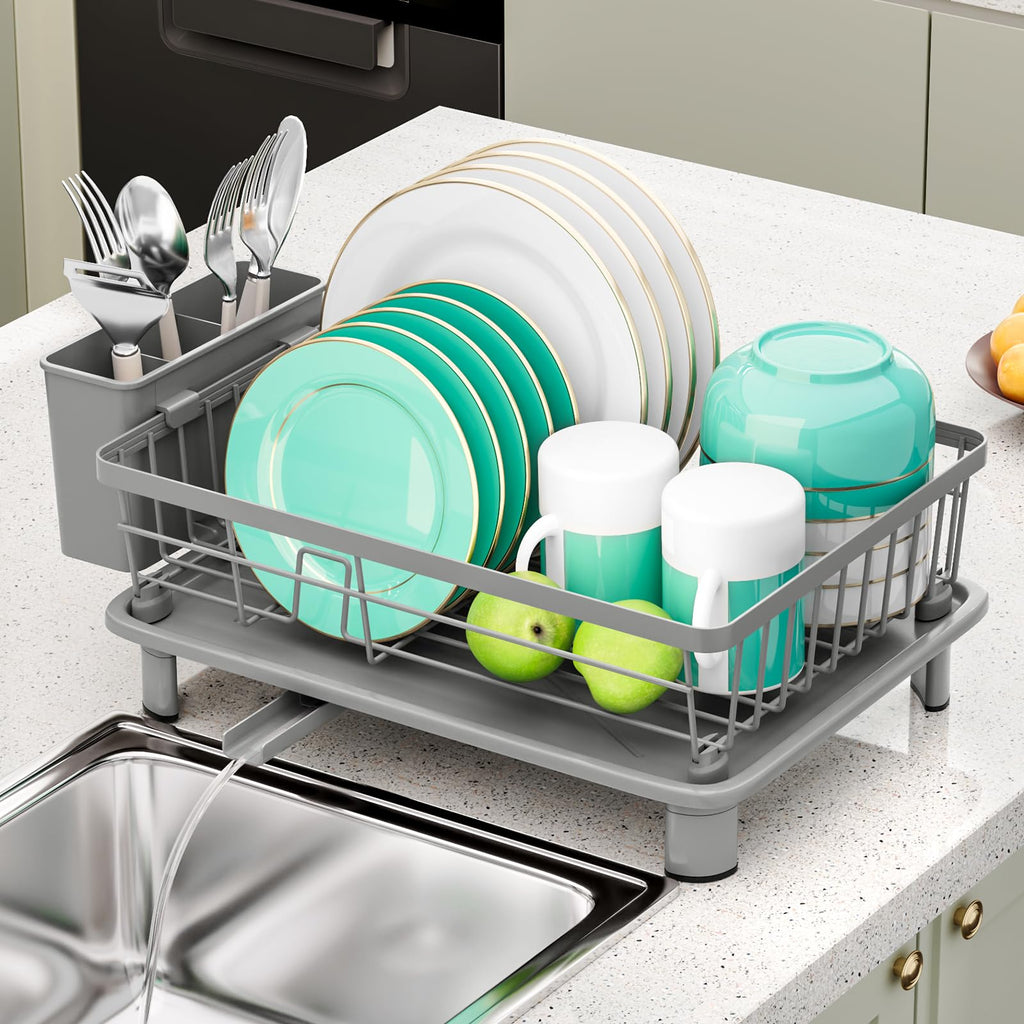BULIJUJU Small Dish Drying Rack, Space Saving Dish Racks for Kitchen Counter, Kitchen Organizer Dish Drainer with Cutlery Holder for Spoons and Forks, 11''W x 15''L, Gray