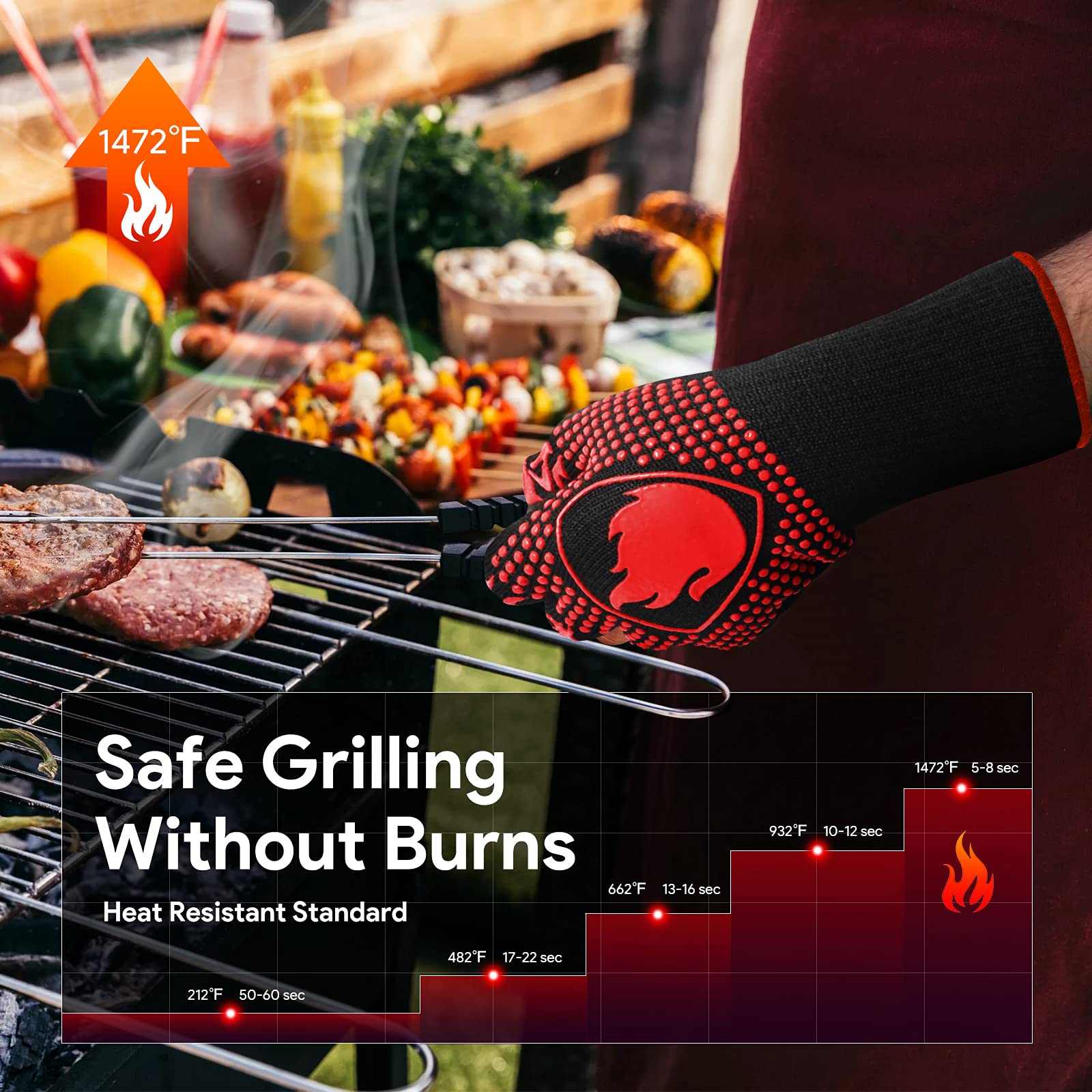 BBQ Gloves, Heat Resistant Oven Mitts Grilling Gloves - 1472℉ Extreme Heat Resistant, Oven Gloves Silicone - Cooking Gloves for Grilling, BBQ, Baking, Welding (A Pair)