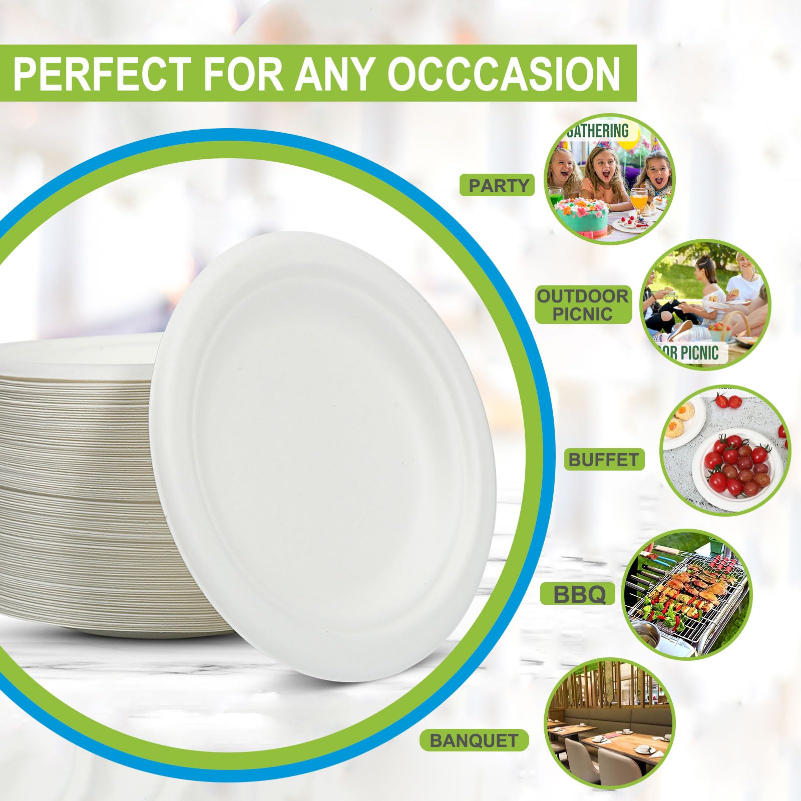 Disposable Large White Paper Plates 9 Inch - 100 Counts Heavy Duty Natural Bagasse Plates, Compostable & Oil-Proof, Microwave Safe for Family Christmas Dinner, Kids Pizza Nights & Fried Chicken Meals