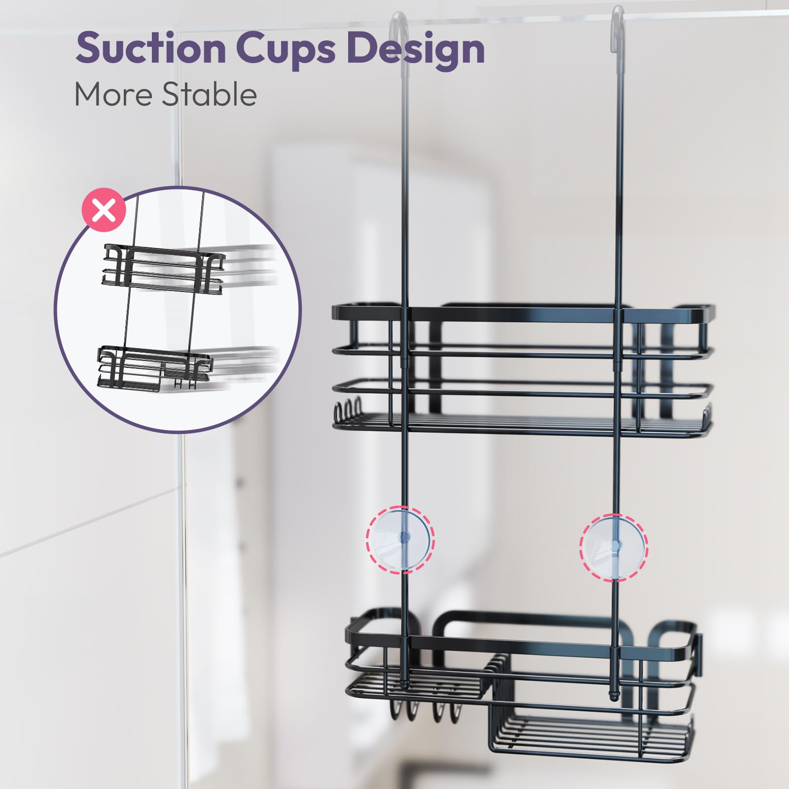 SWTYMIKI Shower Caddy Hanging - Over the Door Shower Caddy with Soap Holder, 11 Hooks, 2 Installation Ways, Stainless Steel Rustproof Shower Shelves, Black