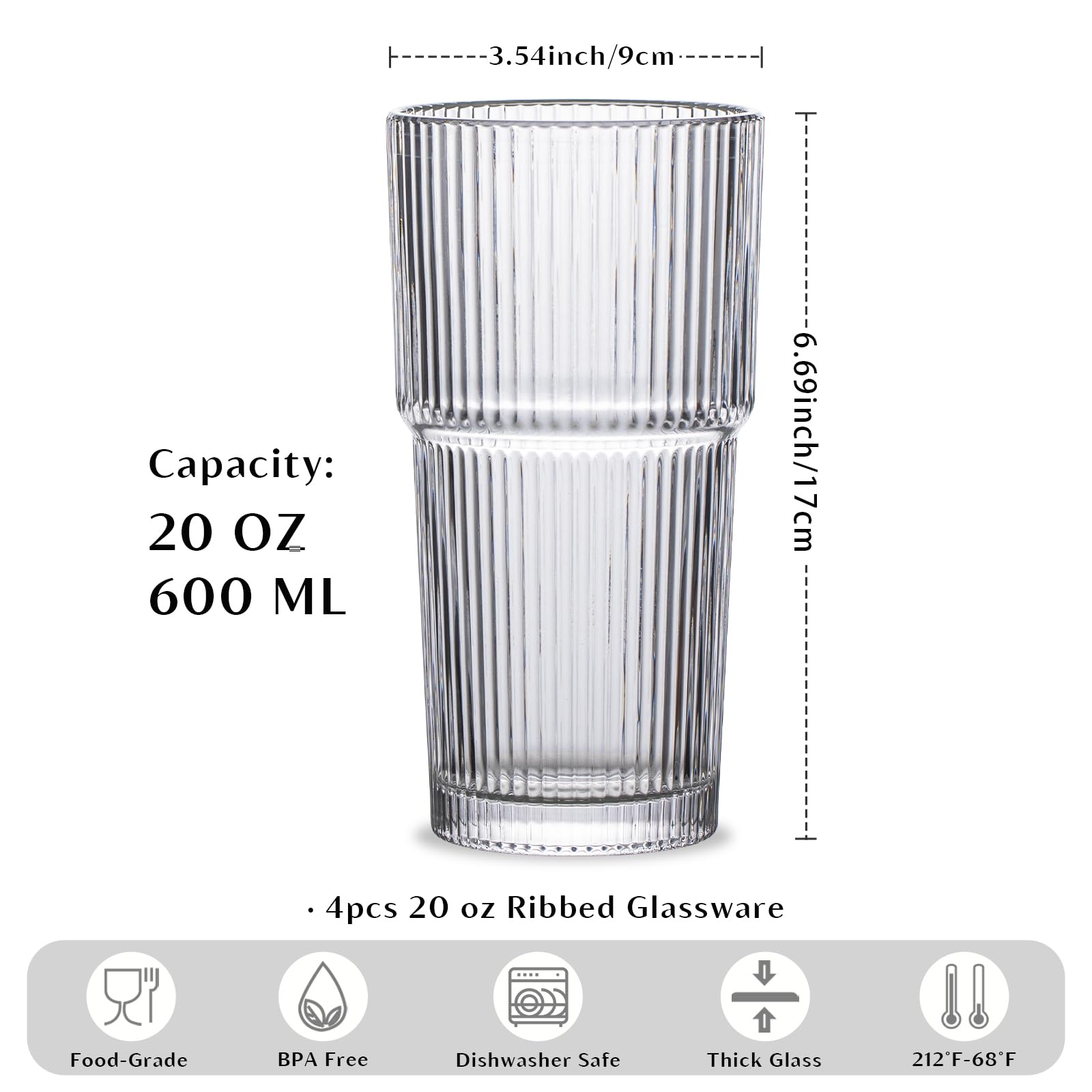 20oz Ribbed Glass Tumbler Set of 4 – Large Capacity Drinking Glasses for Iced Coffee, Water, Juice, and Cocktails – Elegant Modern Glassware for Everyday Use and Special Occasions