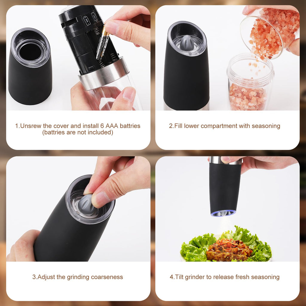 Automatic Salt and Pepper Mill Set: Electric Salt Pepper Grinder Adjustable Coarseness Salts Mill for Gravity Operated Pepper Grinder Electric Salt and Pepper Shaker Auto Salt Pepper Grinder