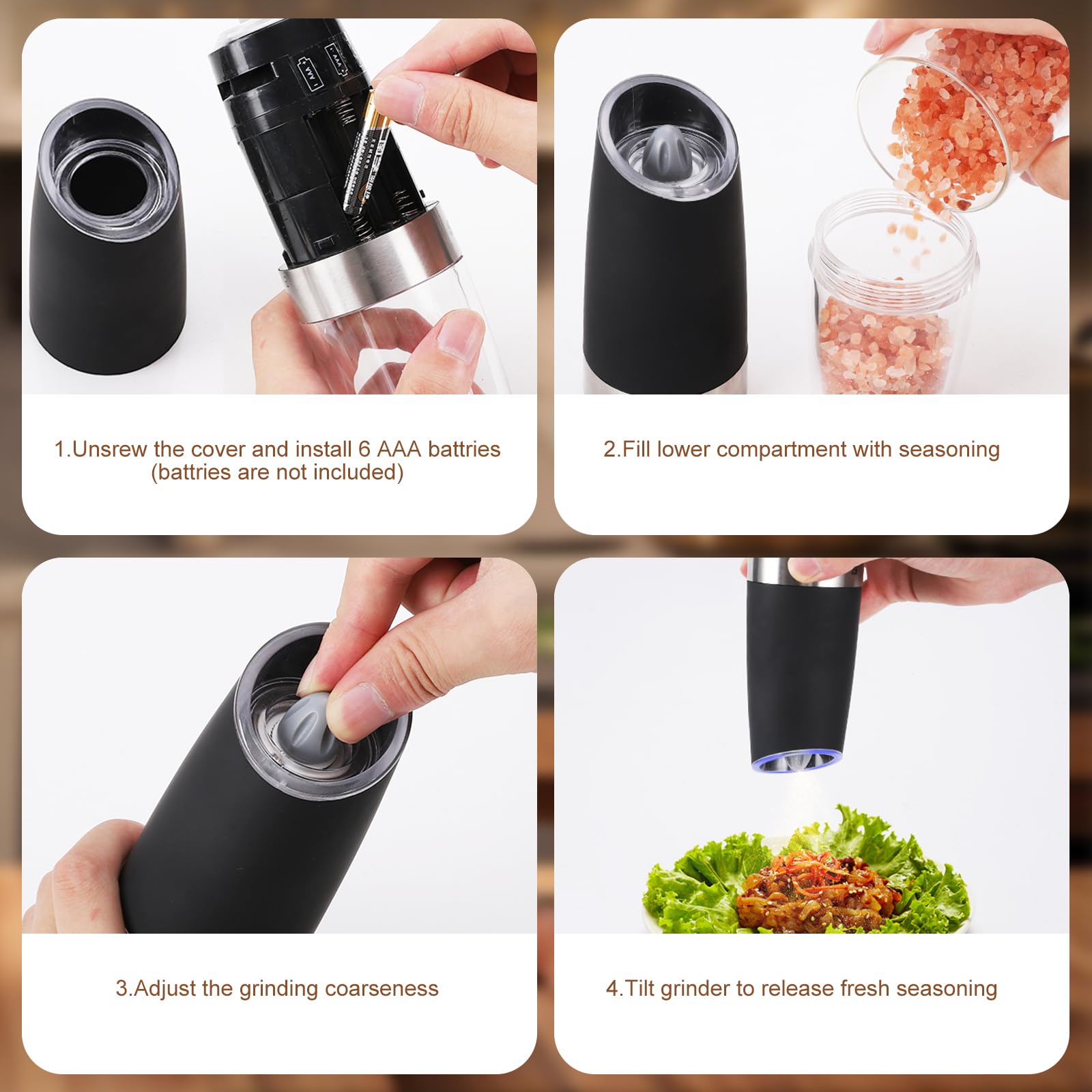 Automatic Salt and Pepper Mill Set: Electric Salt Pepper Grinder Adjustable Coarseness Salts Mill for Gravity Operated Pepper Grinder Electric Salt and Pepper Shaker Auto Salt Pepper Grinder