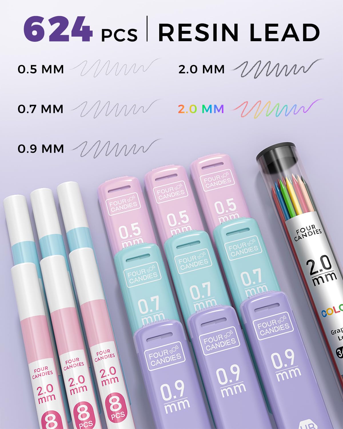 Four Candies 36PCS Aesthetic School Supplies, Mechanical Pencils 0.5mm, 0.7mm, 0.9mm & 2.0mm with 624PCS Lead Refills, Cute Mechanical Pencils for Writing, Drawing & Drafting (Purple)