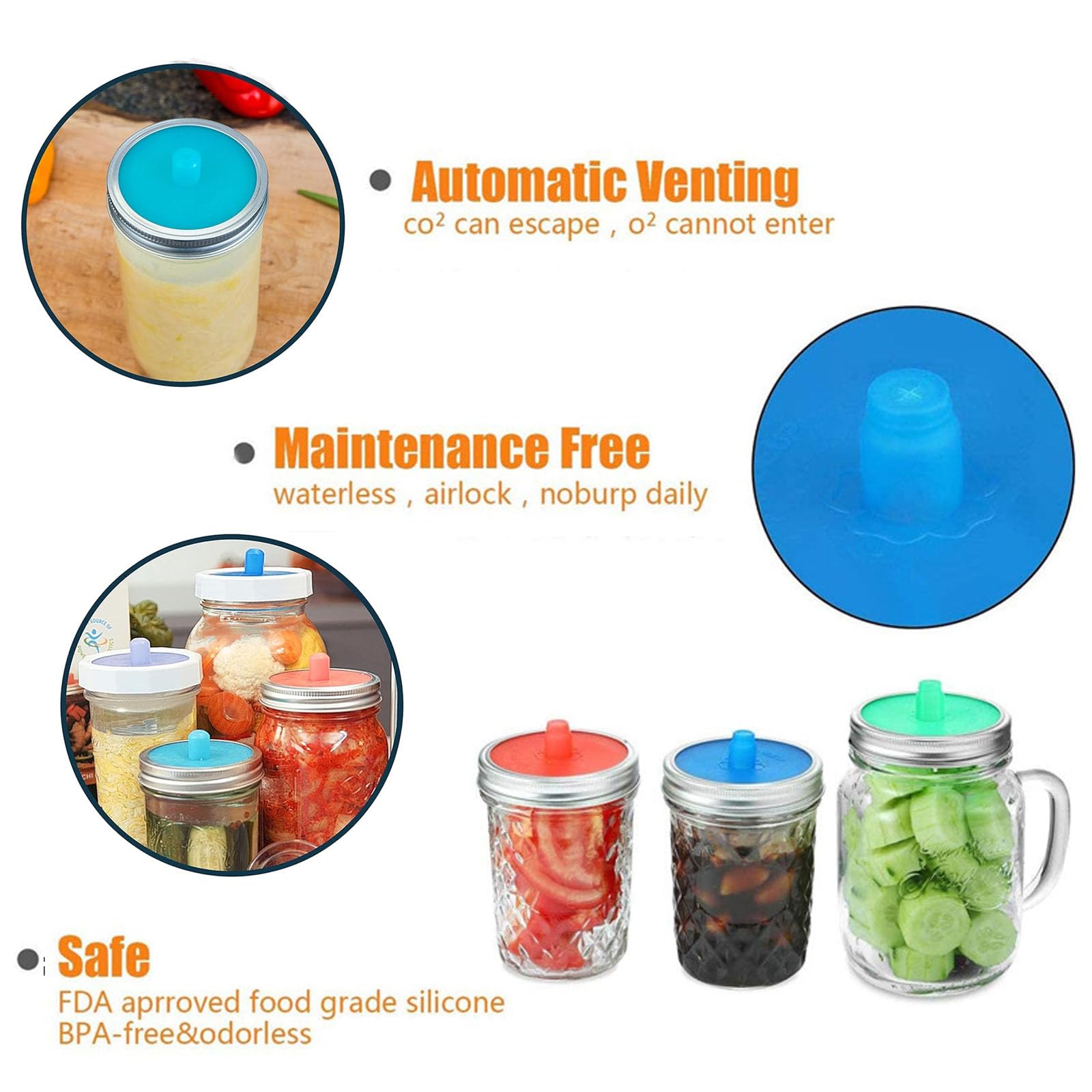 LinamHoz 8pcs Silicone Fermenting Lids, Jars Not Included, Pickle Pipes Silicone Mason Jar Fermentation Lid Mason Jar Cover for Kitchen Sauerkraut Kimchi Cellar