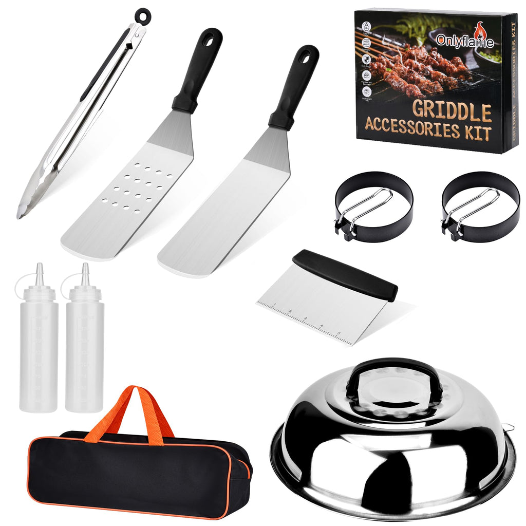 Onlyflame 10PCS Professional BBQ Griddle Tool Kit for Flat Top Grill - Stainless Steel & Plastic Accessories with Carry Bag