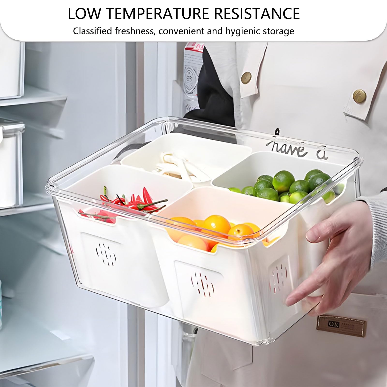 Fridge Organizer with Lids,4 Compartment Airtight Veggie Fruit Storage Containers for Fridge with Handle,Stackable Organizer,Fresh Produce Saver for Food and Storage for Fruit,Veggie