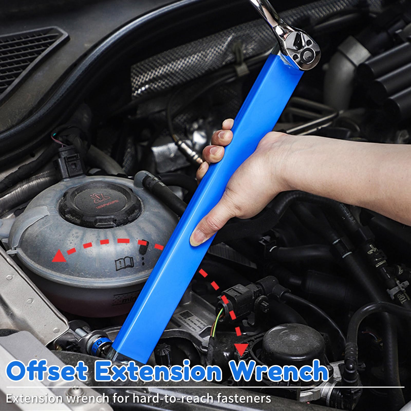 Benustra Offset Extension Wrench 3/8, 15In Tight Reach Extension Wrench with 1/2" 1/4" 3/8" Square Drive Adapters, Multifunctional Ratchet Heavy Duty Offset Extension Wrench for Small Confined Place