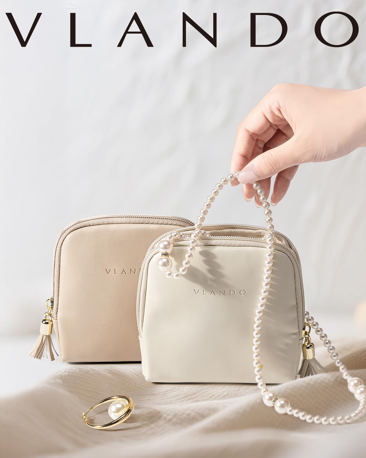 Vlando Small Travel Jewelry Case Organizer,Leather Jewelry Pouch Bags with Zipper,Portable Velvet Jewelry Organizer Bag for Earrings,Bracelets, Rings,Necklaces,Travel Essentials women,Beige