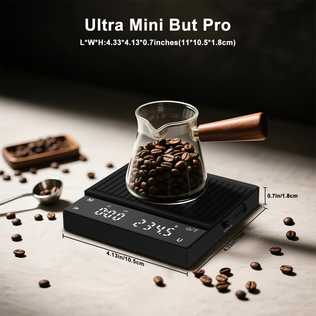 Diyife Mini Coffee Scale with Timer, [0.1g-2kg] Rechargeable Espresso Scale with 6 Units, High Temperature Resistant Glass Panel, Portable Kitchen Scale for Espresso and Pour-Over Coffee, Auto Timing