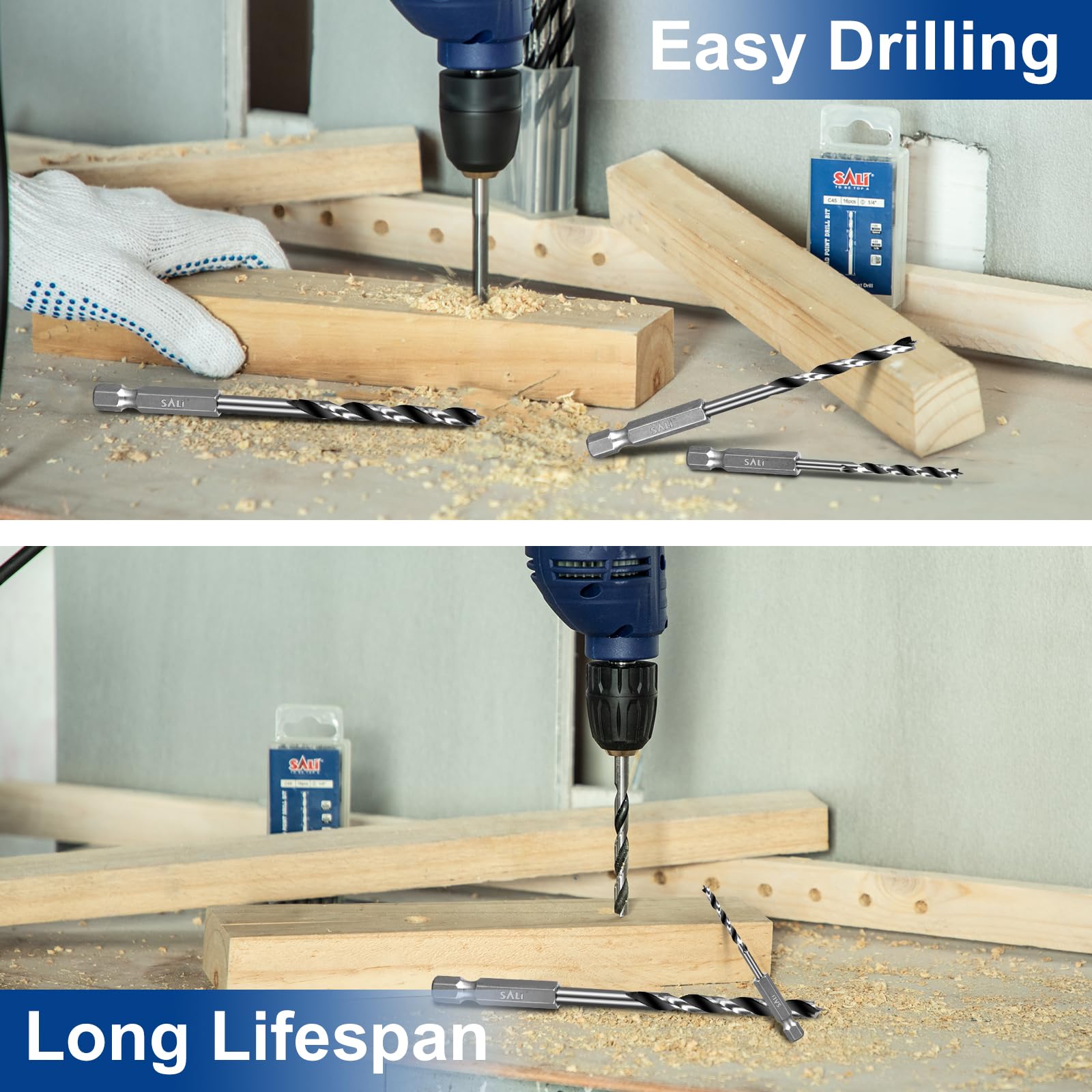 SALI Brad Point Wood Drill Bits Set 12pcs 1/8" to 1/2" Carbon Steel Drill Bit Set with 1/4" Hex Shank Double Flutes Design for Hardwood, Plywood, Plastic Round Holes in All Types of Wood
